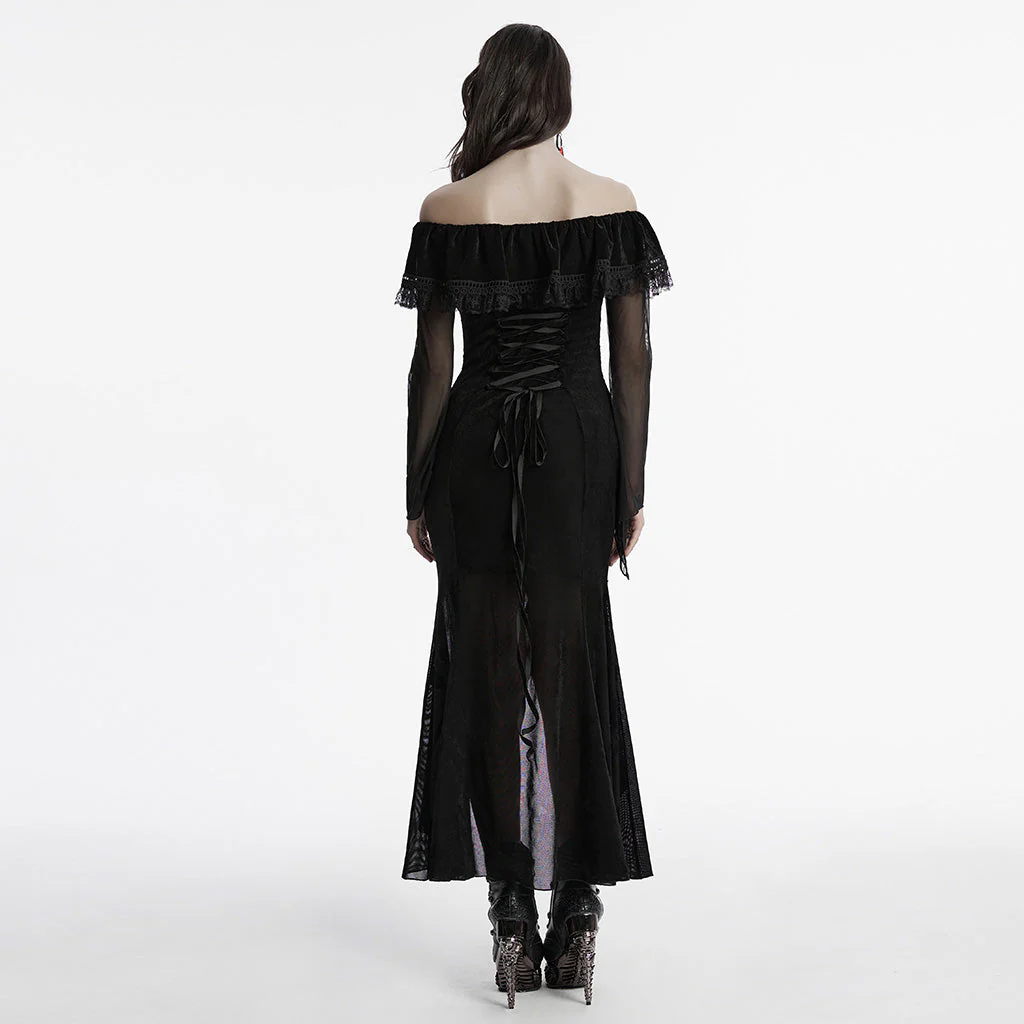 OQ-786LQF Gothic Dress Off-Shoulder Black Lace Ruffle Mesh Sleeves Elegant - Image 14