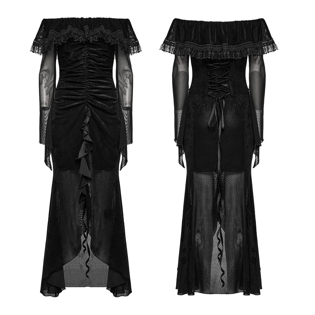 OQ-786LQF Gothic Dress Off-Shoulder Black Lace Ruffle Mesh Sleeves Elegant - Image 16