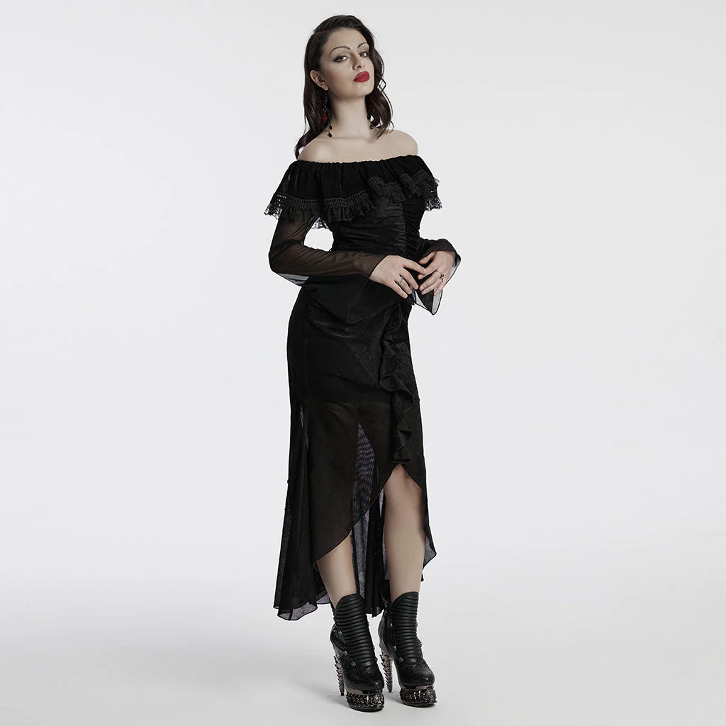 OQ-786LQF Gothic Dress Off-Shoulder Black Lace Ruffle Mesh Sleeves Elegant - Image 23