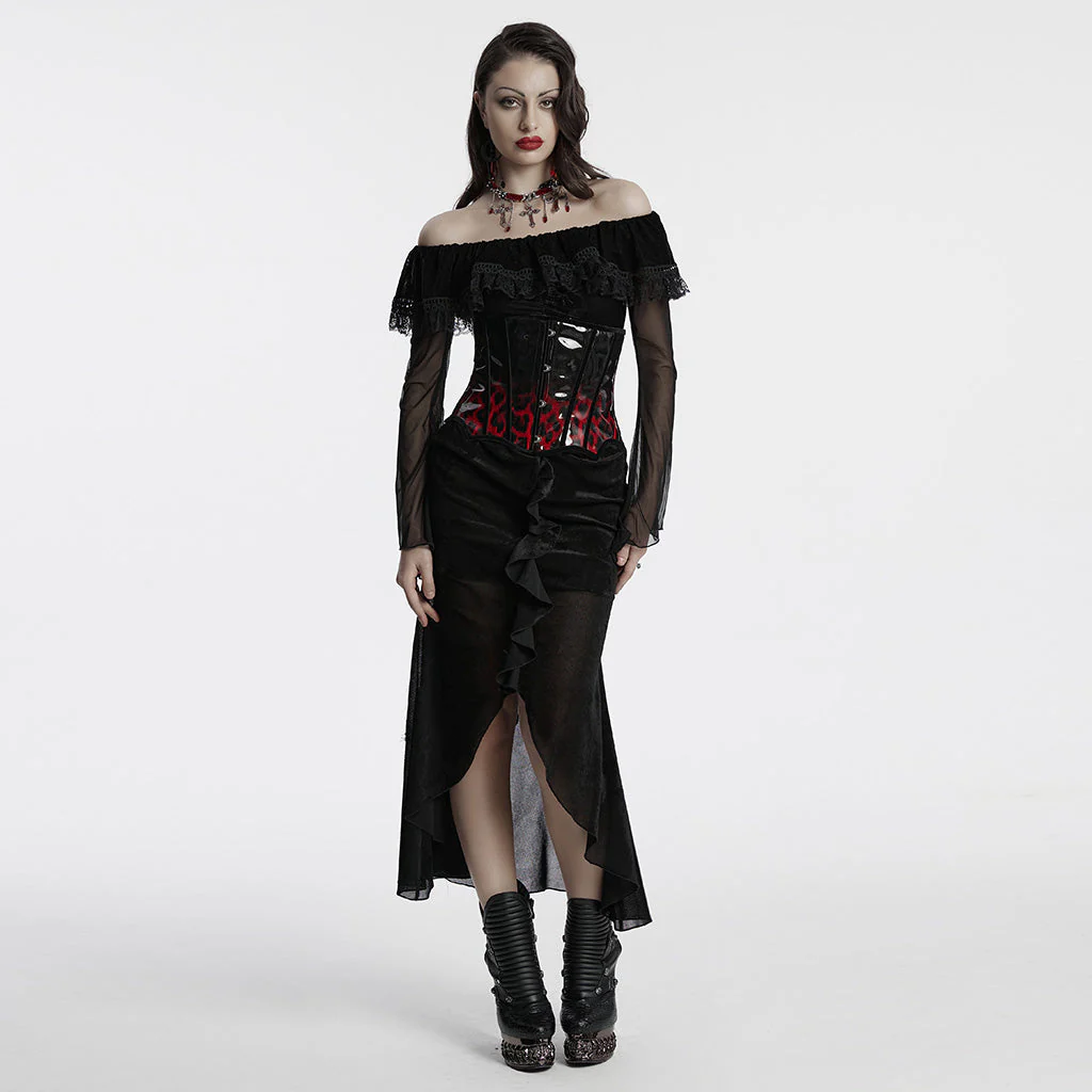 OQ-786LQF Gothic Dress Off-Shoulder Black Lace Ruffle Mesh Sleeves Elegant - Image 25