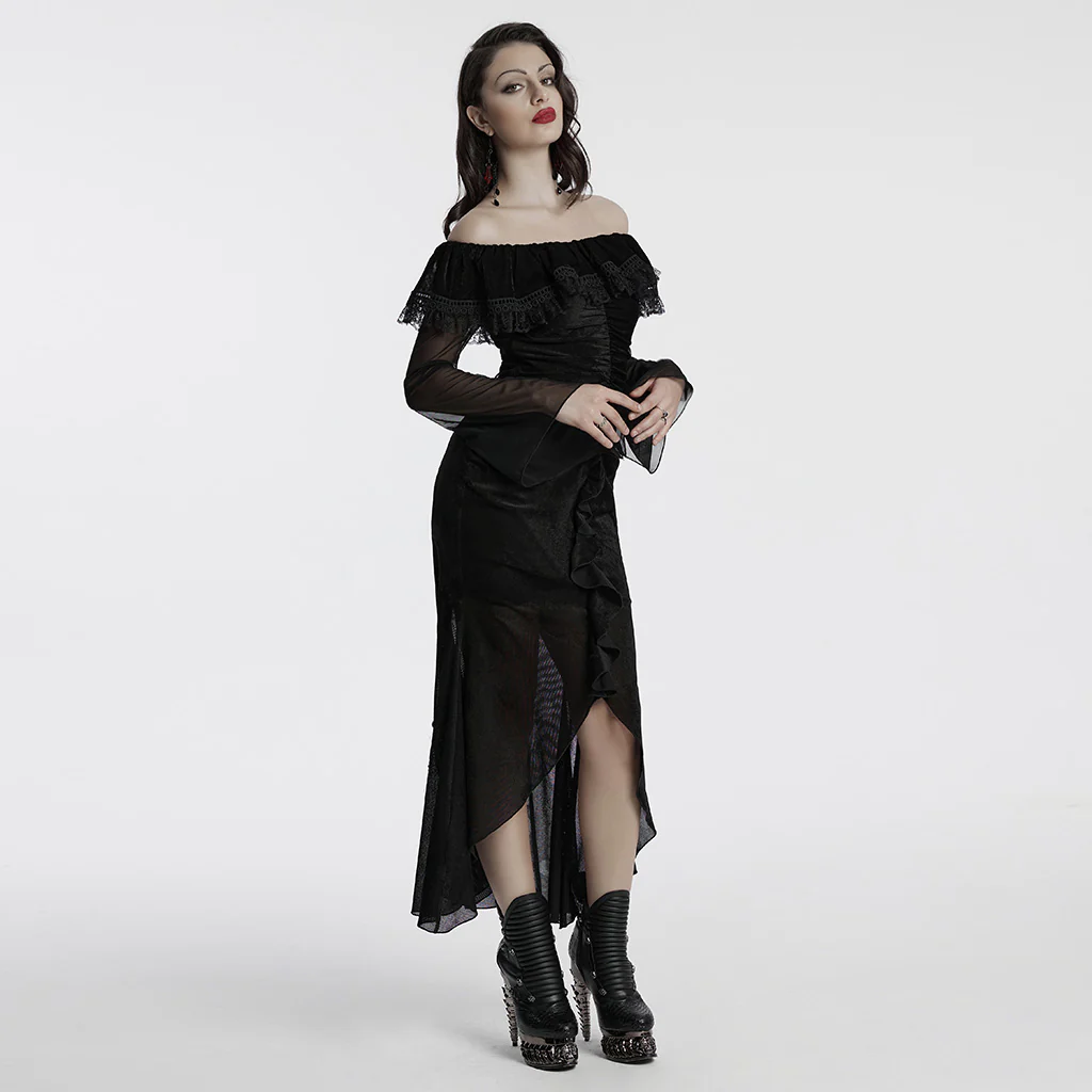 OQ-786LQF Gothic Dress Off-Shoulder Black Lace Ruffle Mesh Sleeves Elegant - Image 3