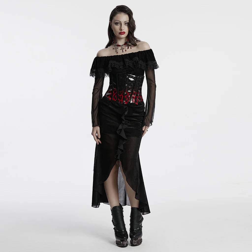 OQ-786LQF Gothic Dress Off-Shoulder Black Lace Ruffle Mesh Sleeves Elegant - Image 5