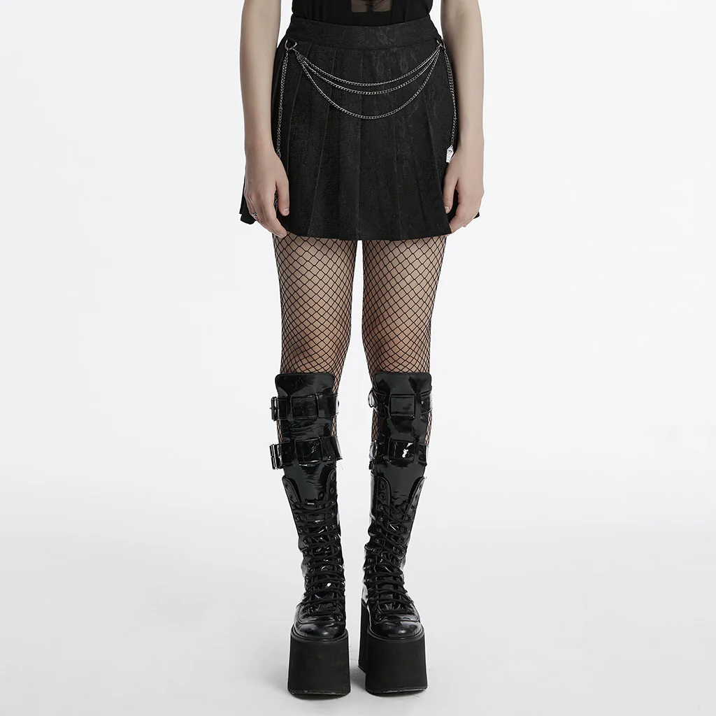 OQ-791BQF Black Pleated Punk Skirt with Chain Detail Gothic Style - Image 3