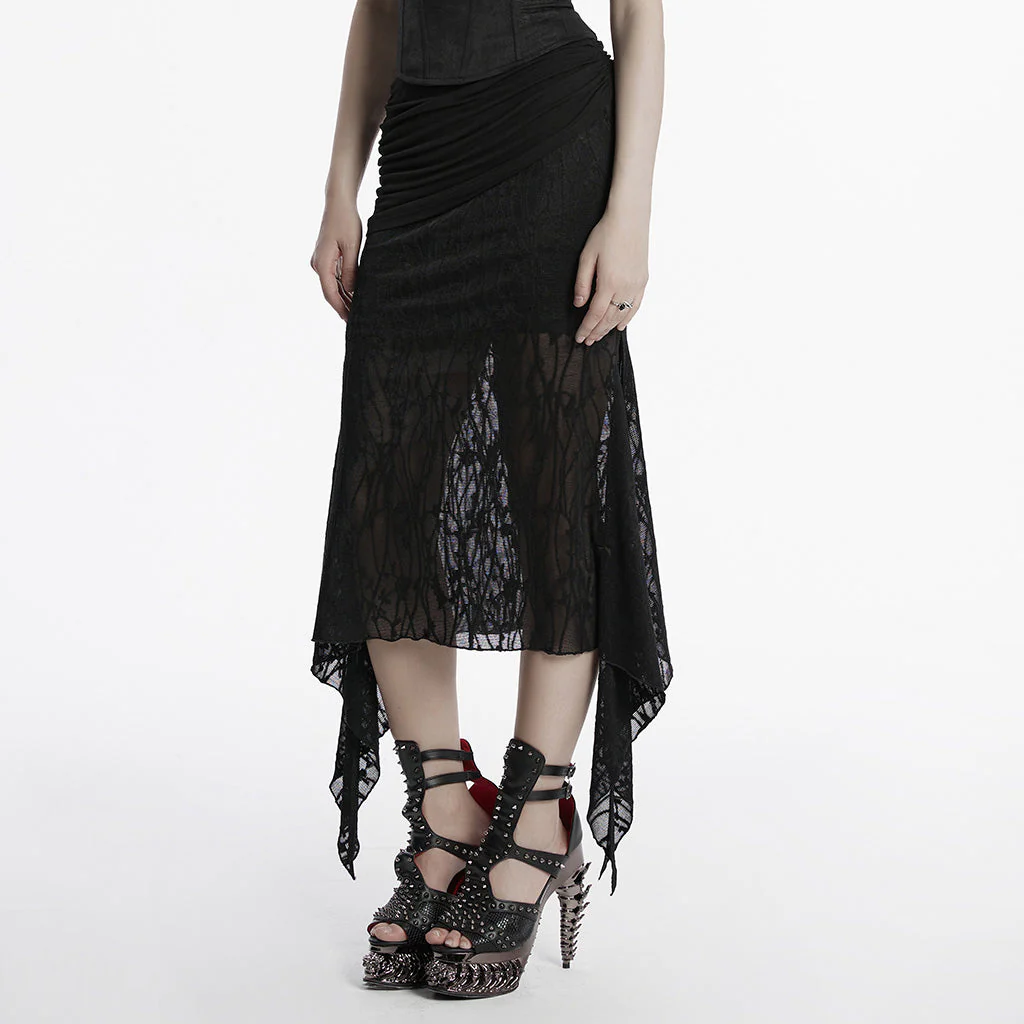 OQ-796BQF Gothic High-Low Asymmetrical Lace Punk Skirt with Ruched Detail - Image 14
