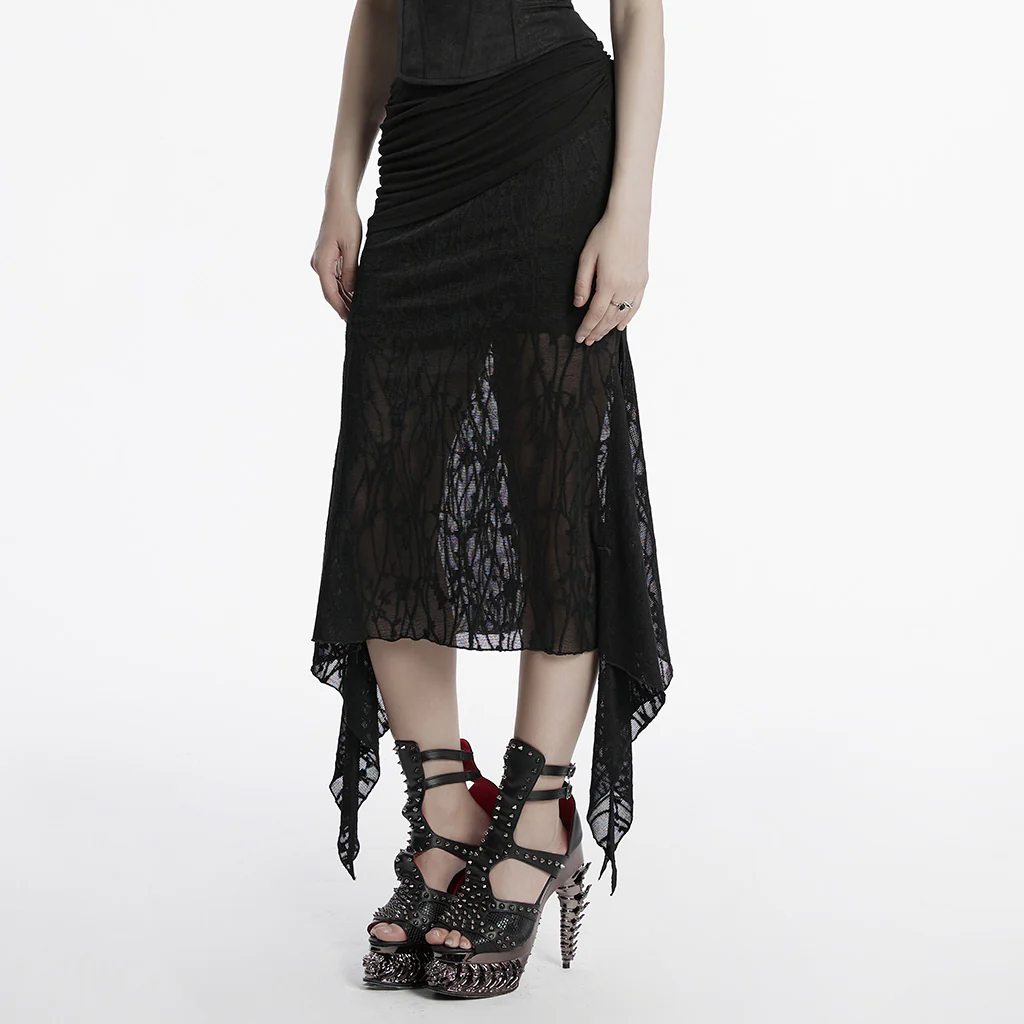 OQ-796BQF Gothic High-Low Asymmetrical Lace Punk Skirt with Ruched Detail - Image 4