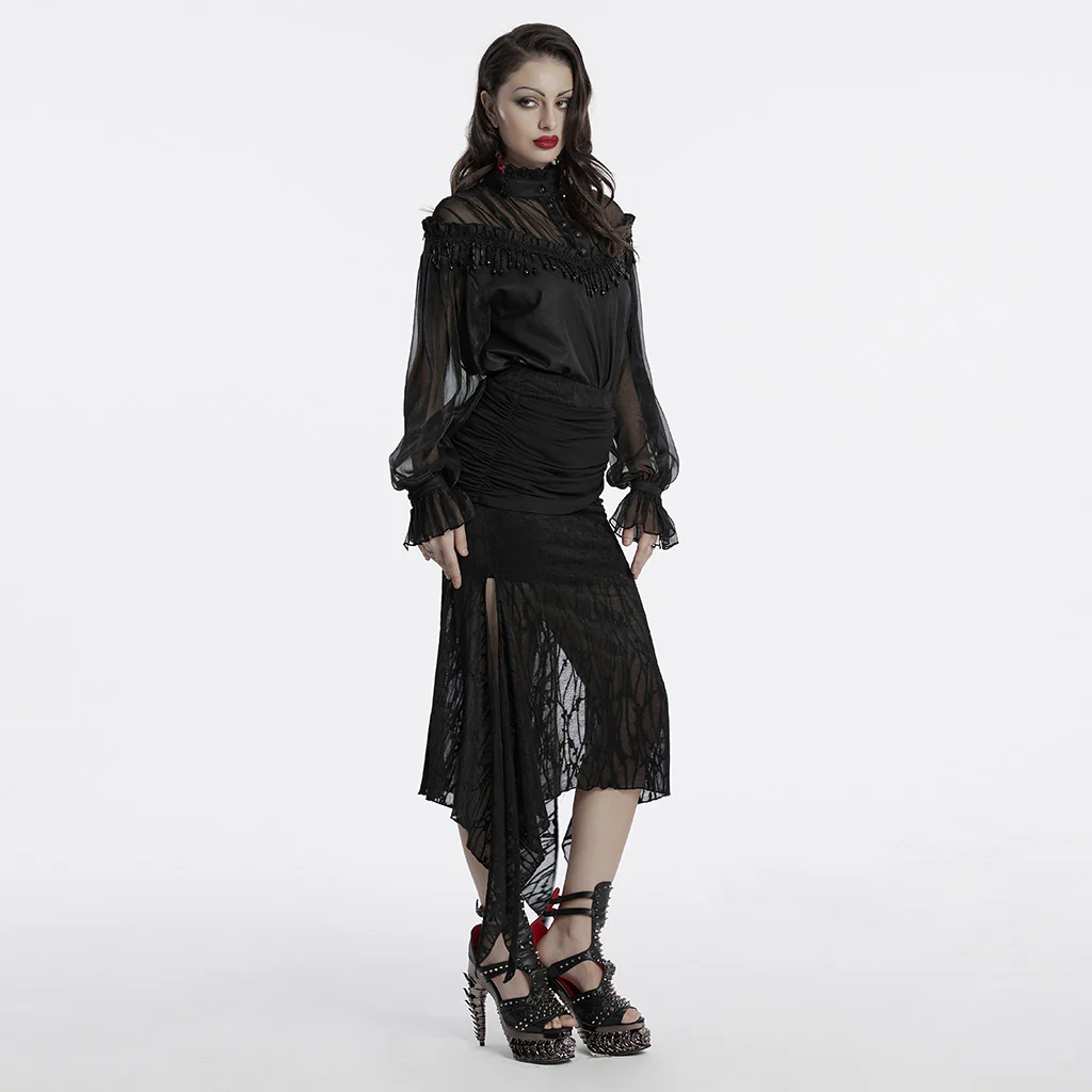OQ-796BQF Gothic High-Low Asymmetrical Lace Punk Skirt with Ruched Detail - Image 6