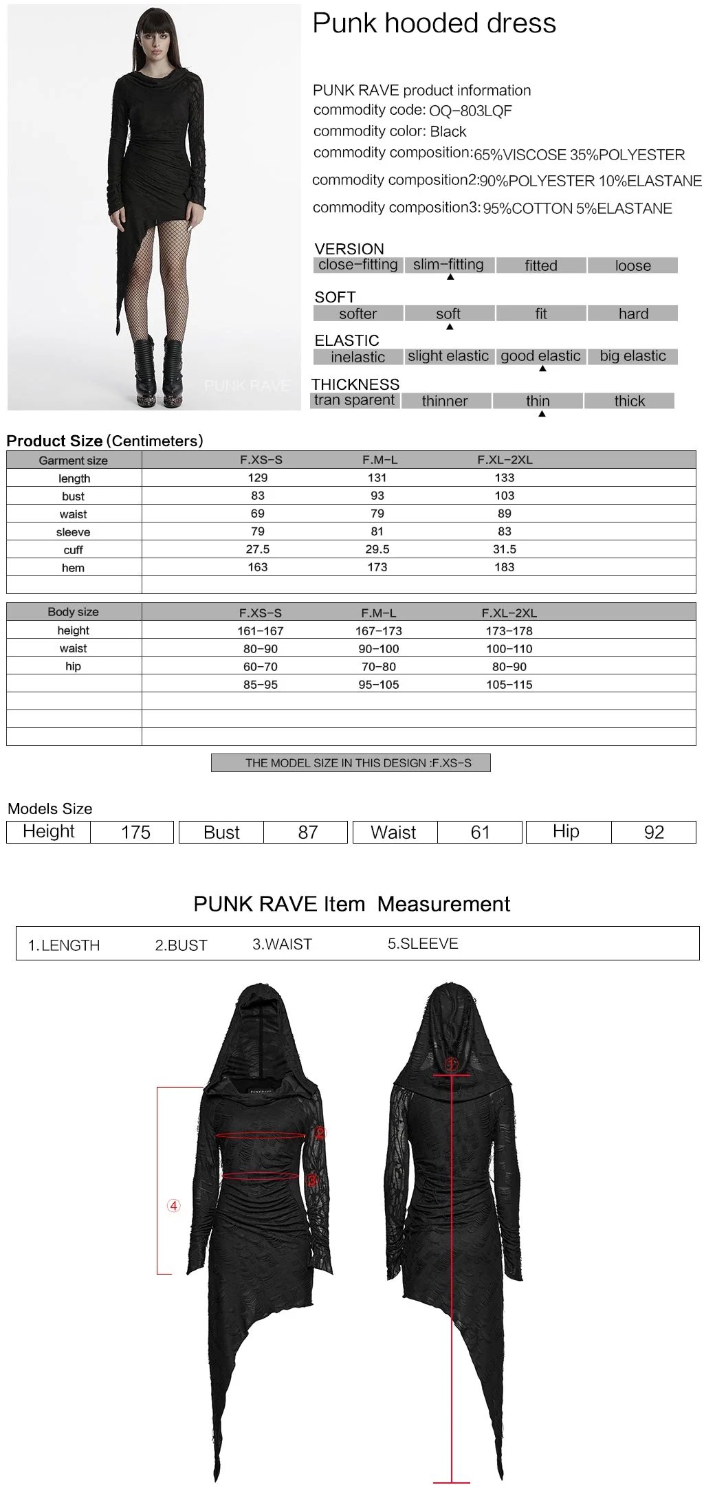 OQ-803LQF Edgy Asymmetric Gothic Hooded Long Sleeve Punk Dress - Image 12