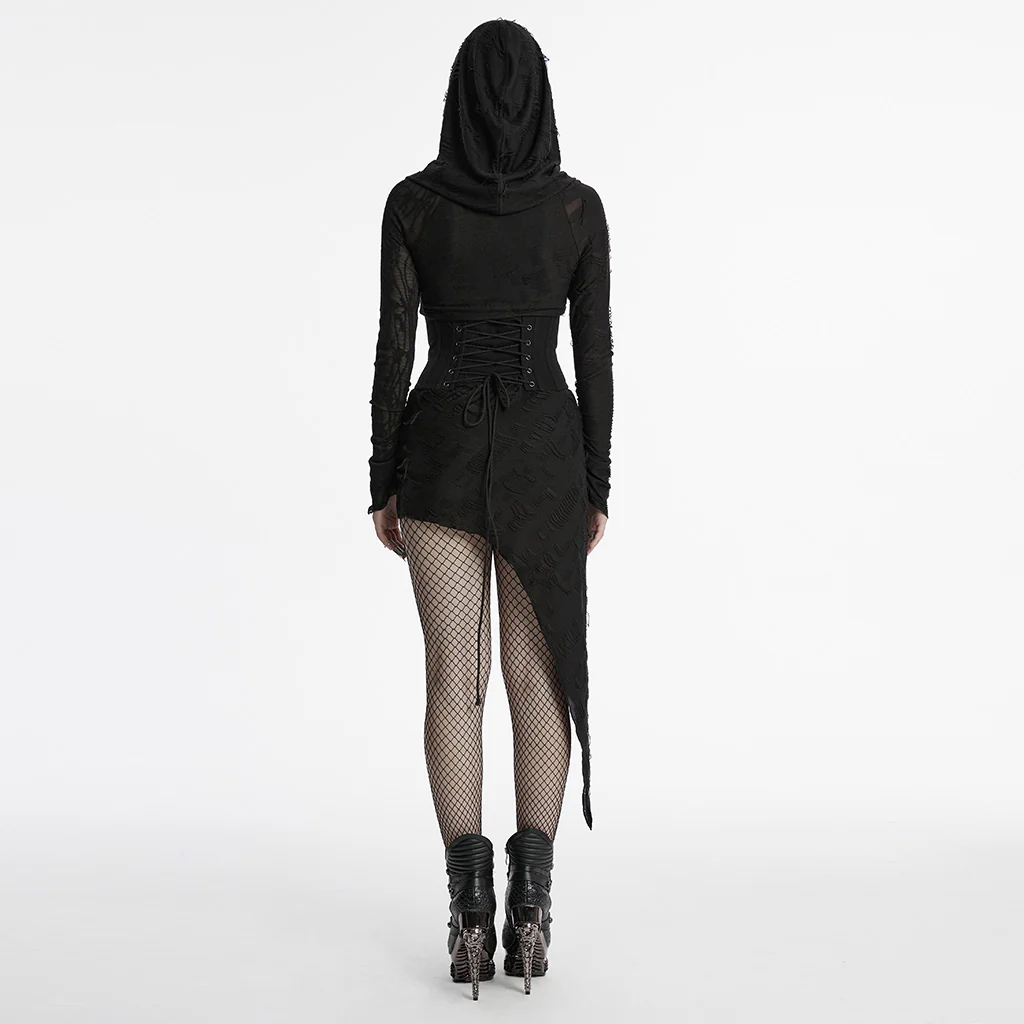 OQ-803LQF Edgy Asymmetric Gothic Hooded Long Sleeve Punk Dress - Image 5