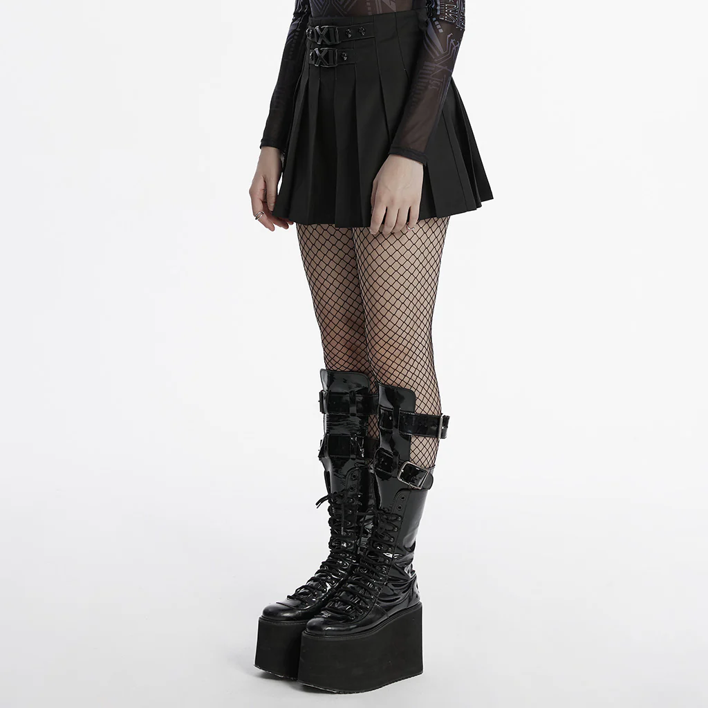 OQ-804BQF Edgy Pleated Punk Skirt with Skull Buckle Details - Image 4