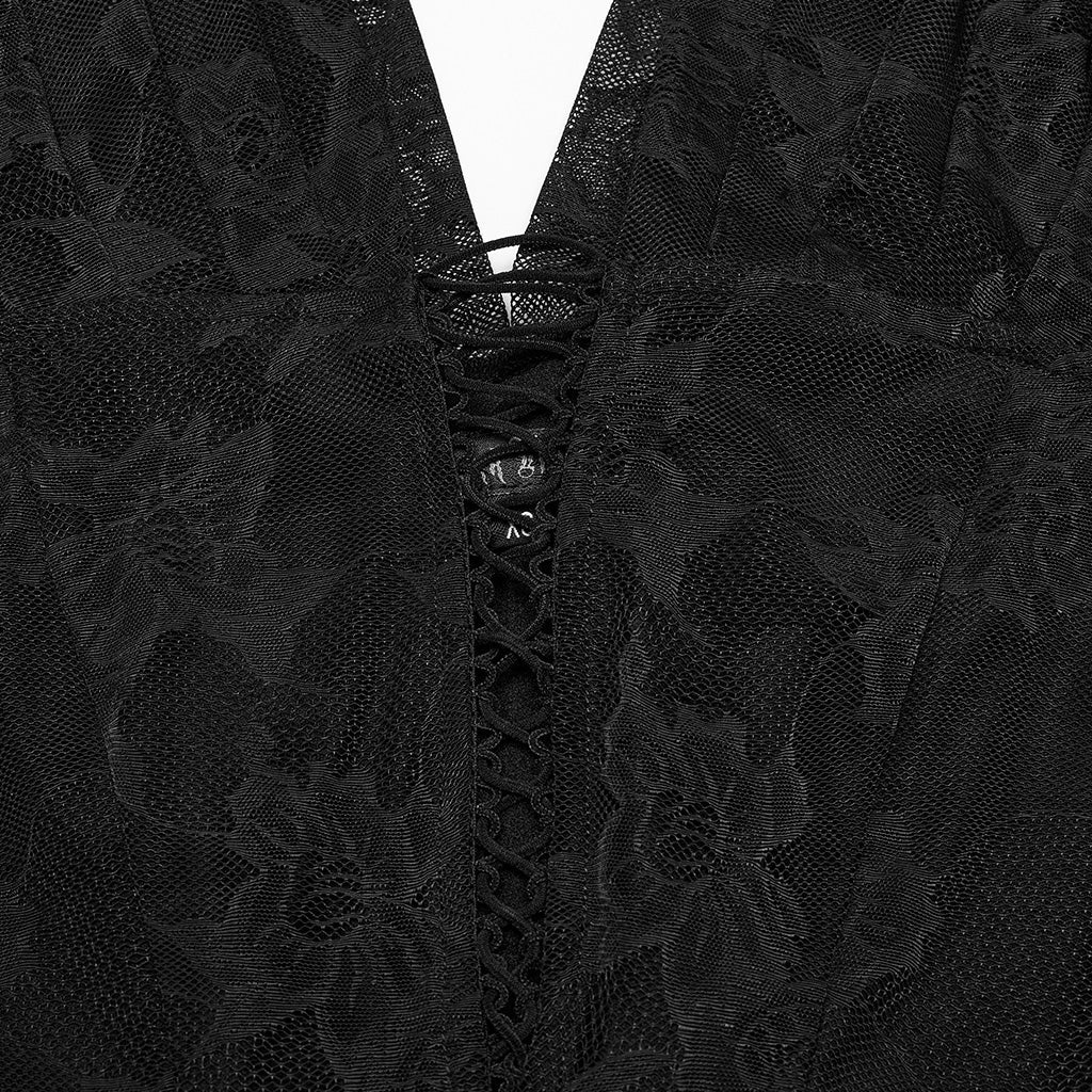OQ-805LQF Elegant Gothic Dress Sheer Lace Layered Sleeves Corset Waist Long Gown - Image 16