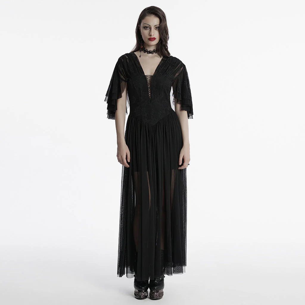 OQ-805LQF Elegant Gothic Dress Sheer Lace Layered Sleeves Corset Waist Long Gown - Image 20
