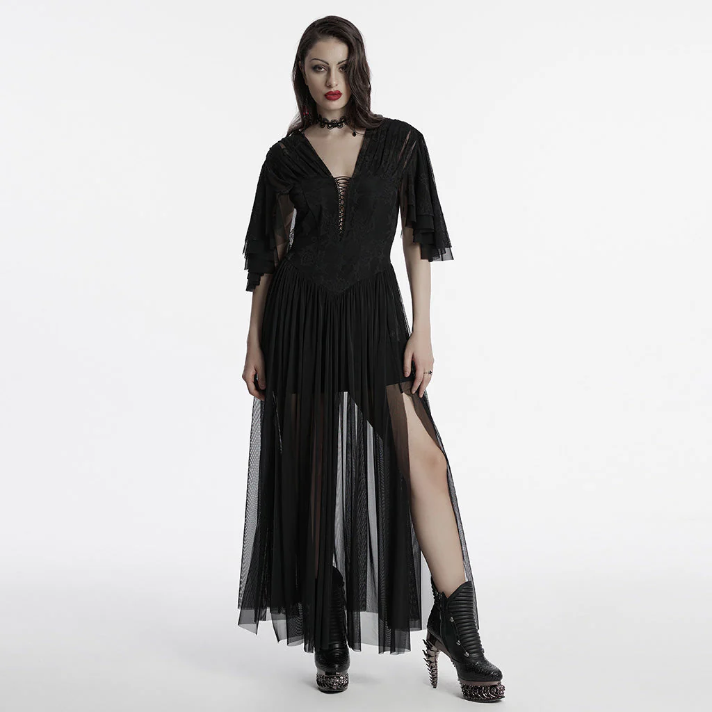 OQ-805LQF Elegant Gothic Dress Sheer Lace Layered Sleeves Corset Waist Long Gown - Image 23
