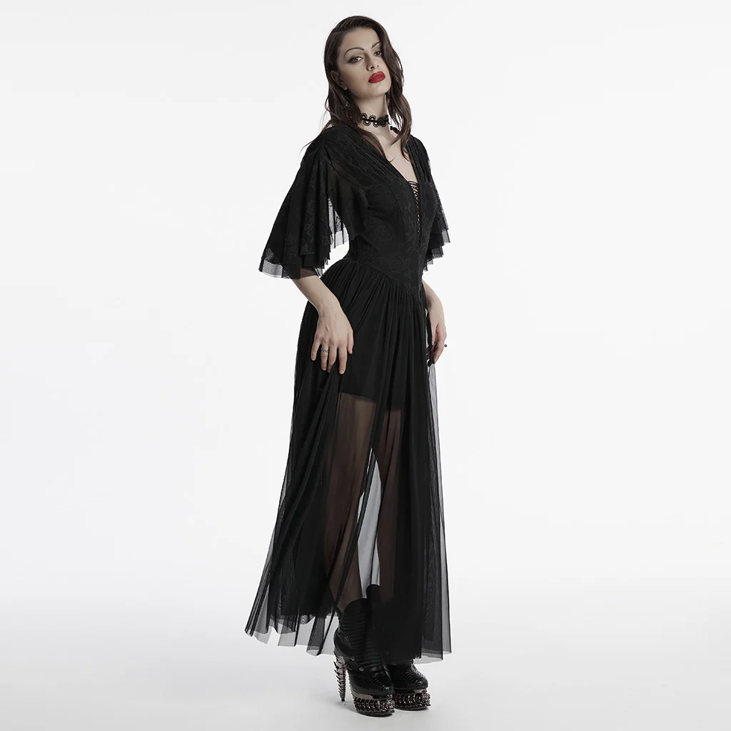 OQ-805LQF Elegant Gothic Dress Sheer Lace Layered Sleeves Corset Waist Long Gown - Image 4