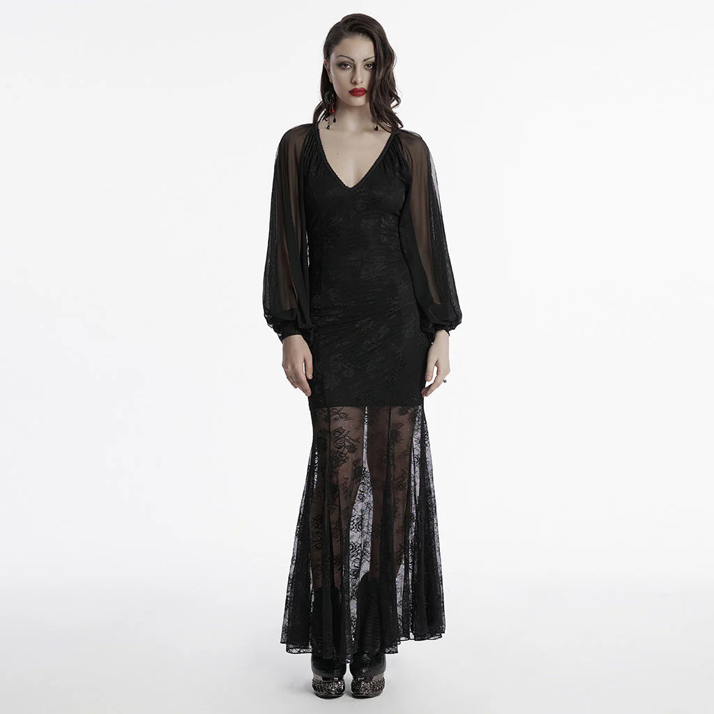 OQ-808LQF Gothic Dress Sheer Sleeve Lace Long Black Maxi Gown - Image 13