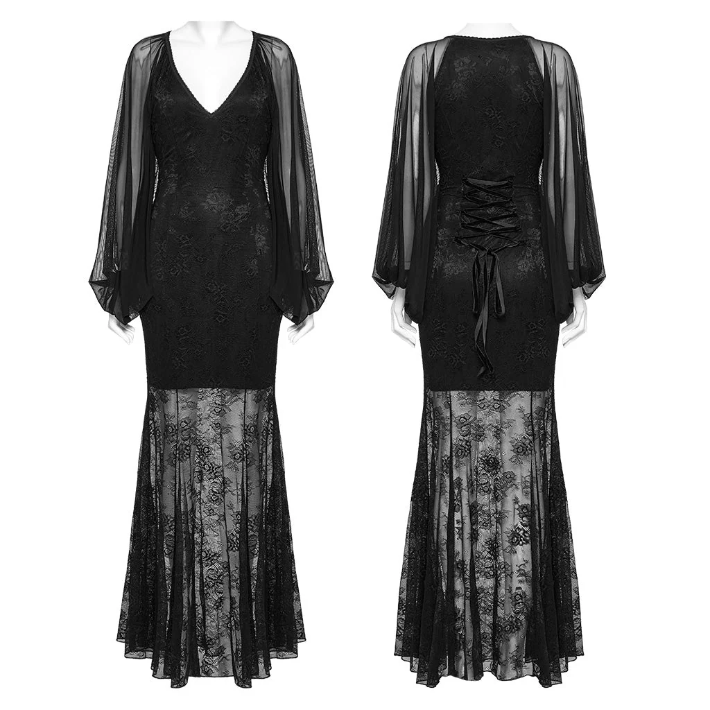 OQ-808LQF Gothic Dress Sheer Sleeve Lace Long Black Maxi Gown - Image 20