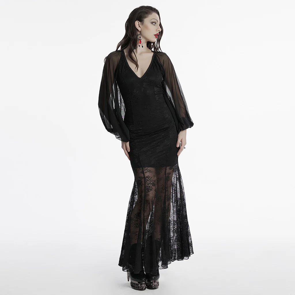 OQ-808LQF Gothic Dress Sheer Sleeve Lace Long Black Maxi Gown - Image 6