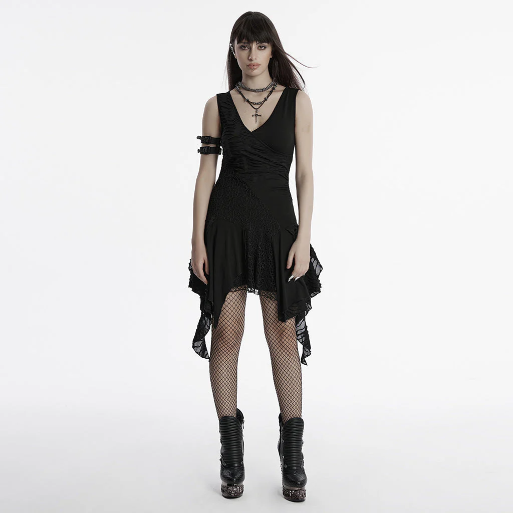 OQ-809LQF Gothic Dress Asymmetrical Layered Black Lace Hem Detailing - Image 13