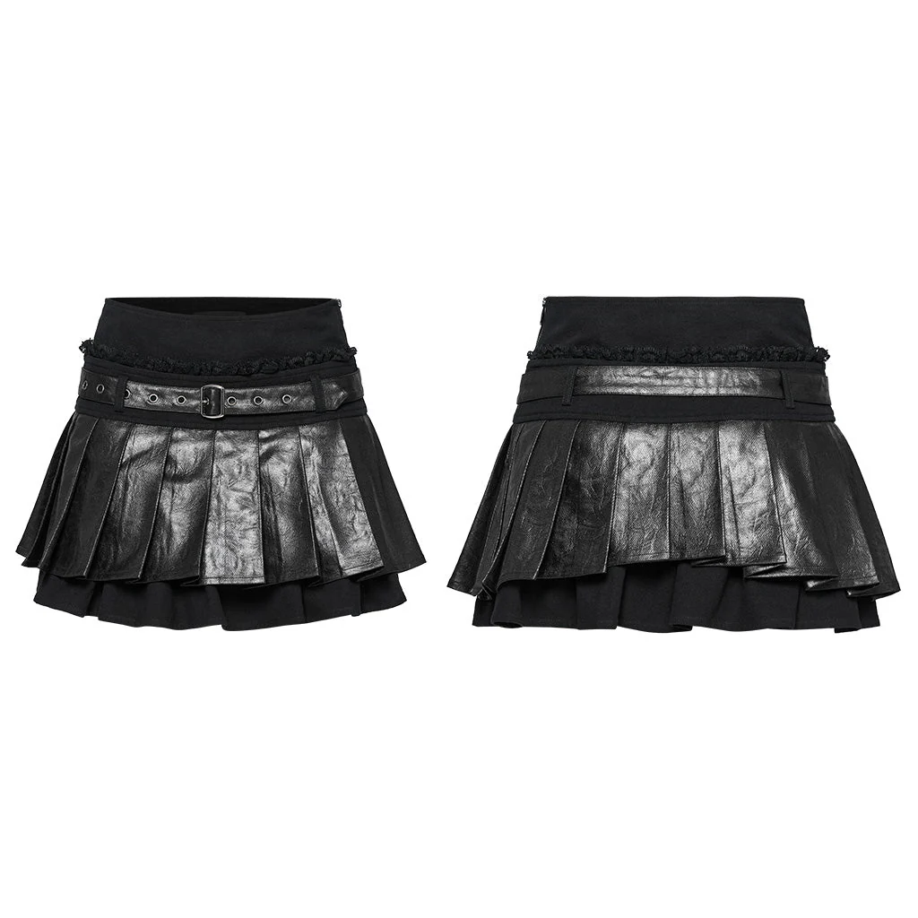 OQ-810BQF Gothic Pleated Punk Skirt with Faux Leather Belted Waist - Image 11