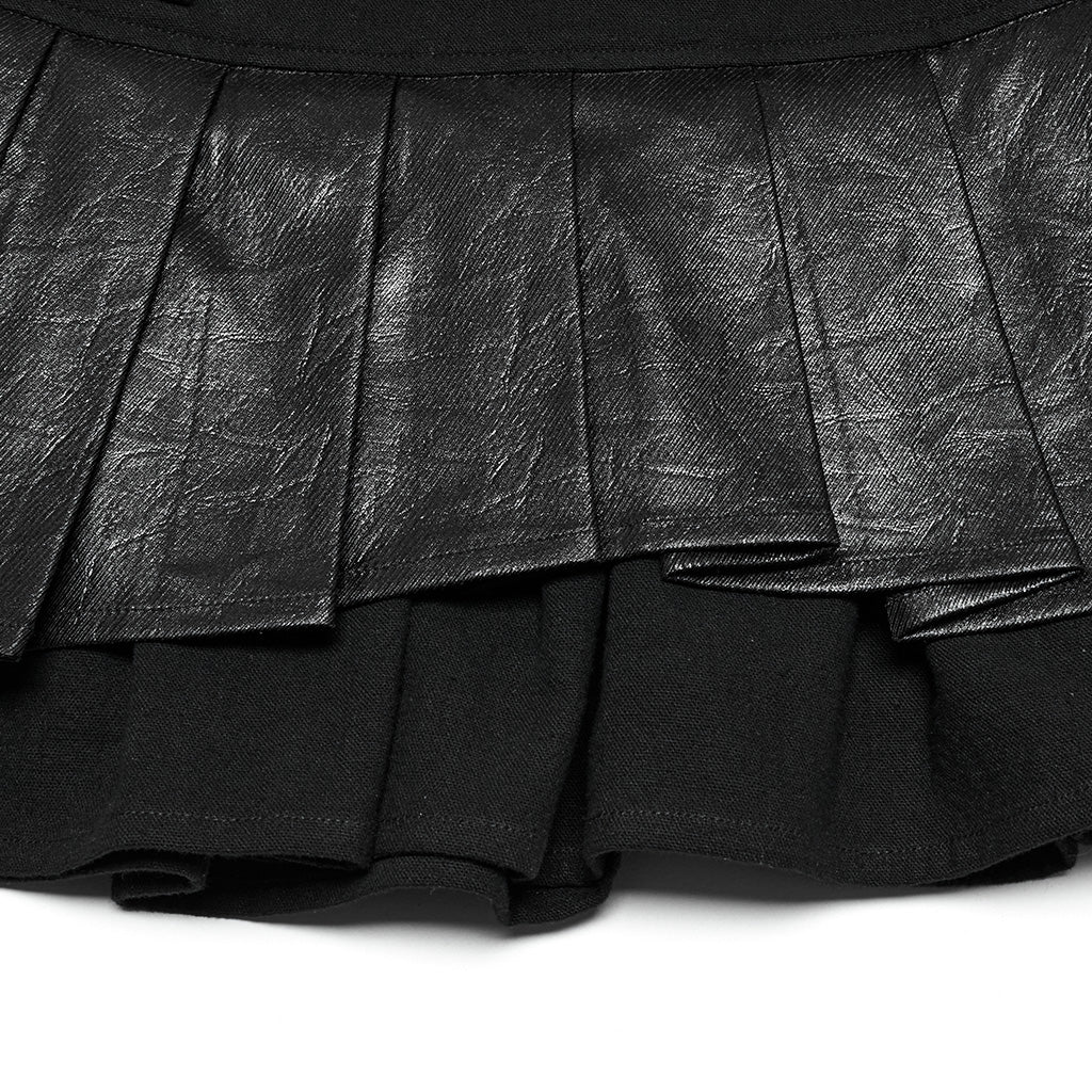 OQ-810BQF Gothic Pleated Punk Skirt with Faux Leather Belted Waist - Image 18