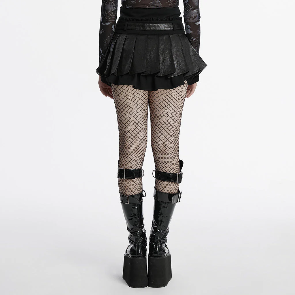OQ-810BQF Gothic Pleated Punk Skirt with Faux Leather Belted Waist - Image 25