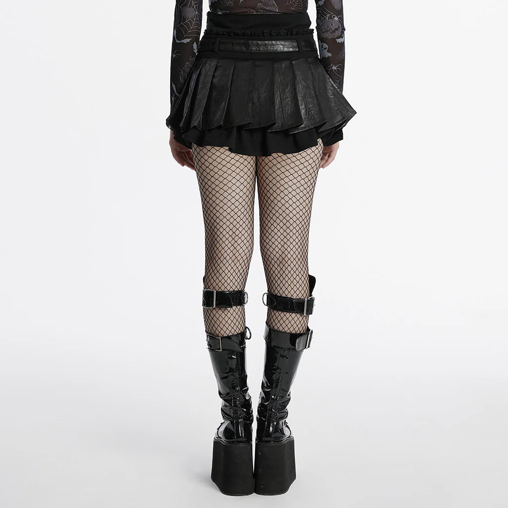 OQ-810BQF Gothic Pleated Punk Skirt with Faux Leather Belted Waist - Image 5
