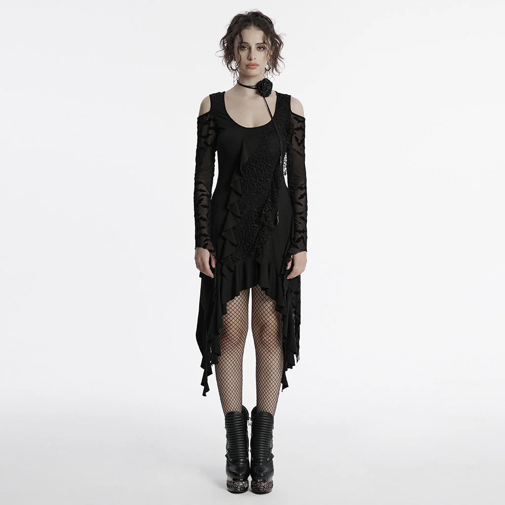 OQ-812LQF Gothic Dress Asymmetrical Lace Cold Shoulder Ruffle Hem Design - Image 13