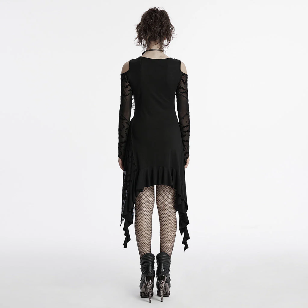 OQ-812LQF Gothic Dress Asymmetrical Lace Cold Shoulder Ruffle Hem Design - Image 15