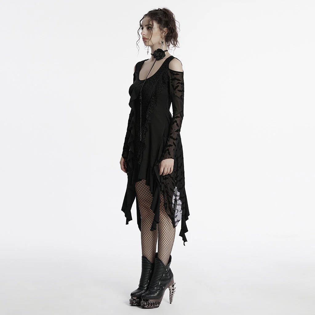 OQ-812LQF Gothic Dress Asymmetrical Lace Cold Shoulder Ruffle Hem Design - Image 24