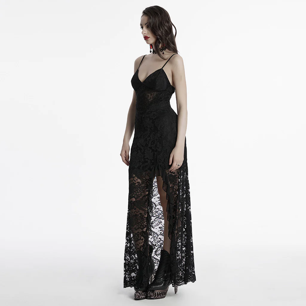OQ-820LQF Gothic Dress Lace High-Low Spaghetti Straps Corset Back - Image 4