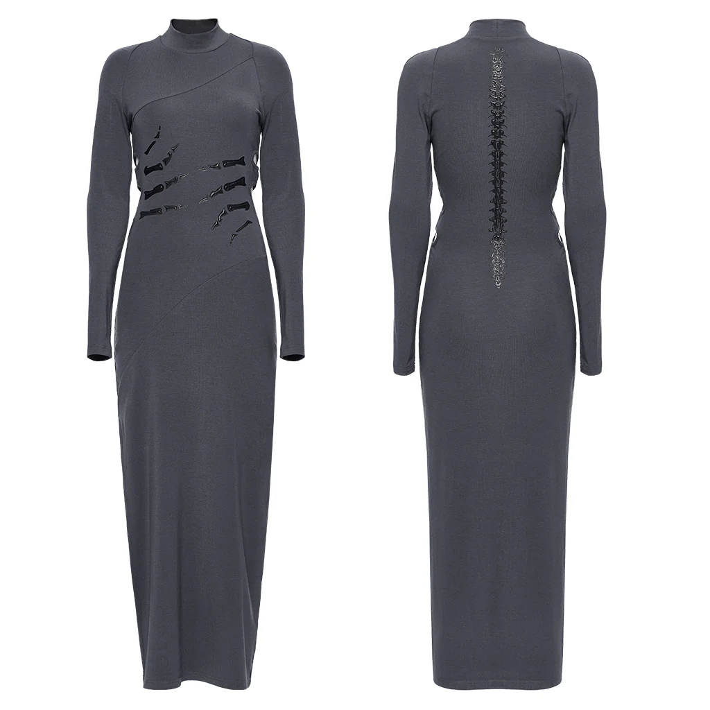 OQ-828LQF Long Sleeve Gothic Punk Dress Skeleton Ribcage Detail Midi - Image 16