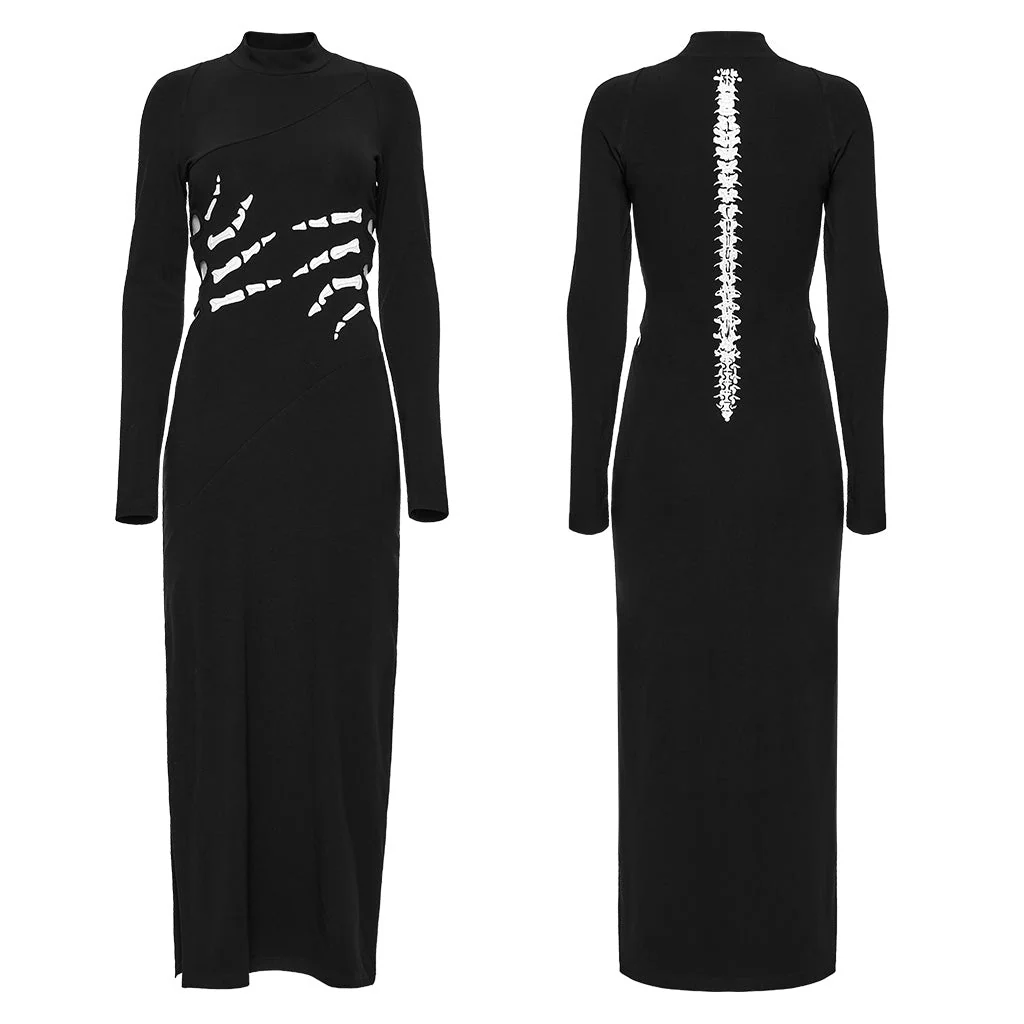 OQ-828LQF Long Sleeve Gothic Punk Dress Skeleton Ribcage Detail Midi - Image 25