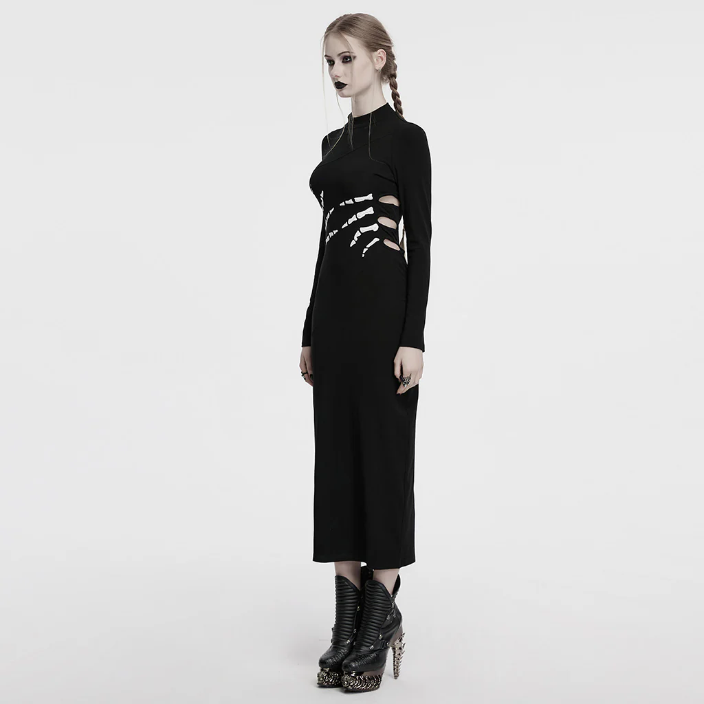 OQ-828LQF Long Sleeve Gothic Punk Dress Skeleton Ribcage Detail Midi - Image 3