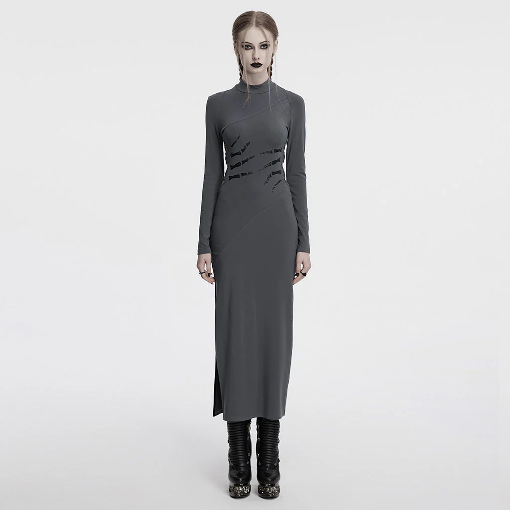 OQ-828LQF Long Sleeve Gothic Punk Dress Skeleton Ribcage Detail Midi - Image 31
