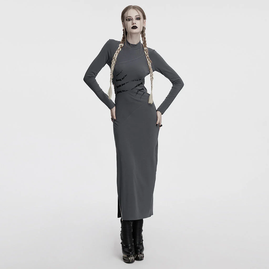 OQ-828LQF Long Sleeve Gothic Punk Dress Skeleton Ribcage Detail Midi - Image 34
