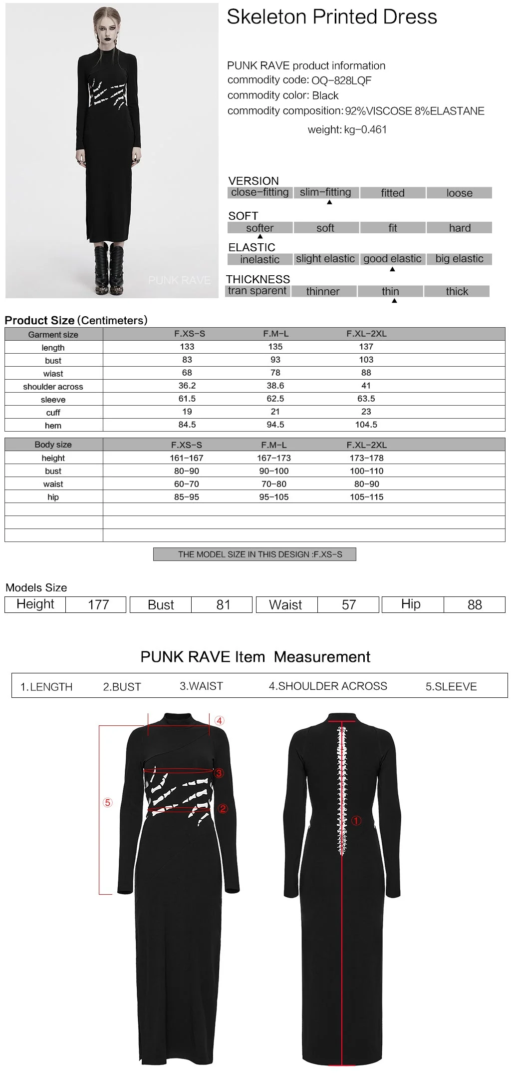 OQ-828LQF Long Sleeve Gothic Punk Dress Skeleton Ribcage Detail Midi - Image 40
