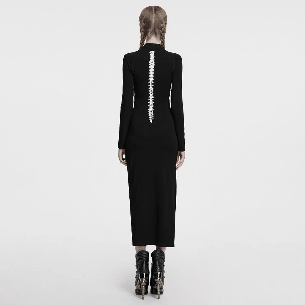 OQ-828LQF Long Sleeve Gothic Punk Dress Skeleton Ribcage Detail Midi - Image 42