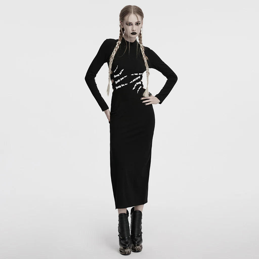 OQ-828LQF Long Sleeve Gothic Punk Dress Skeleton Ribcage Detail Midi - Image 5
