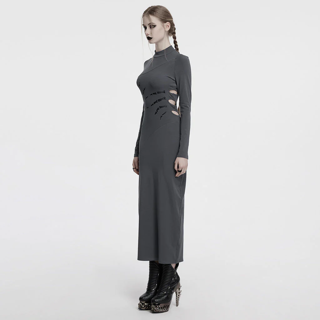 OQ-828LQF Long Sleeve Gothic Punk Dress Skeleton Ribcage Detail Midi - Image 51