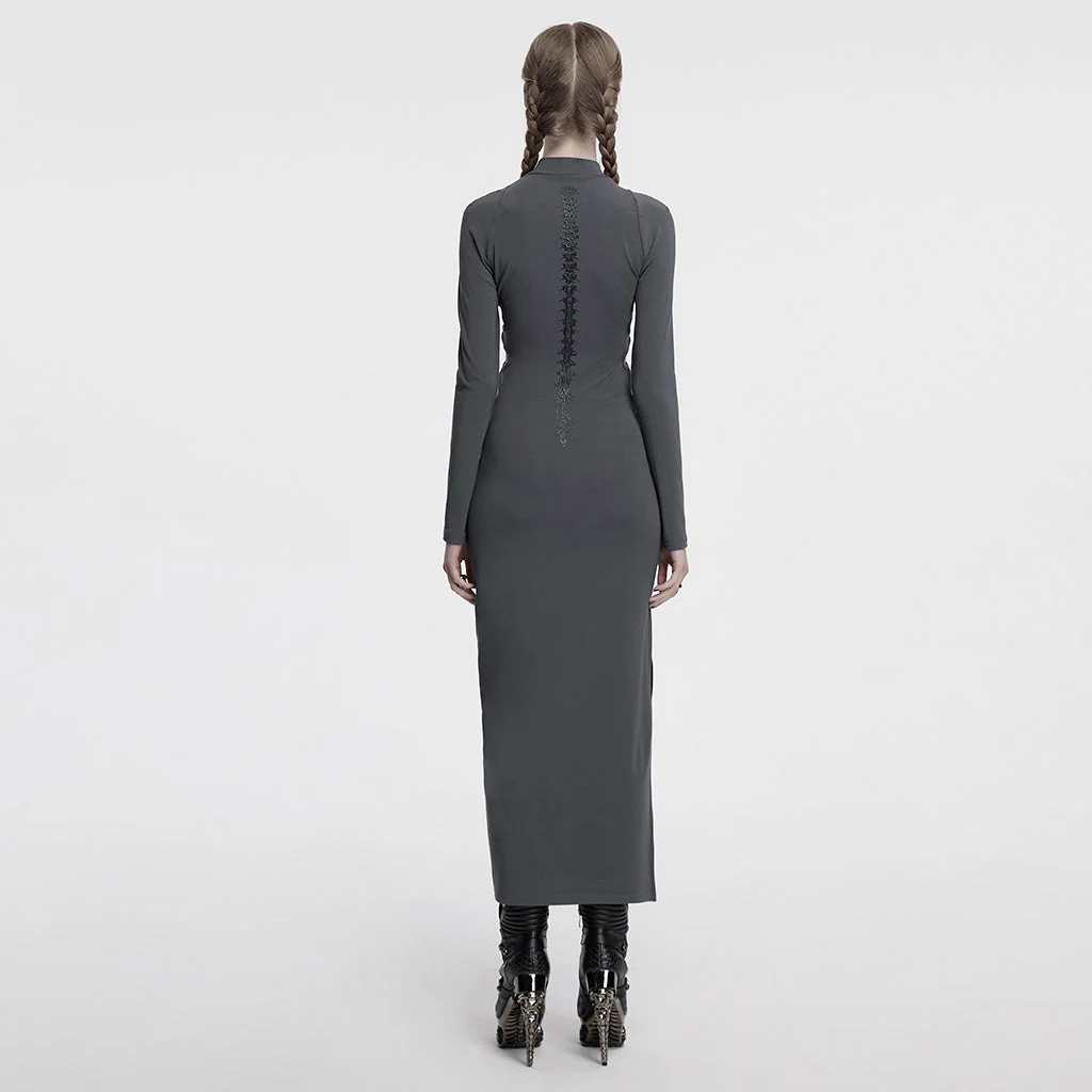 OQ-828LQF Long Sleeve Gothic Punk Dress Skeleton Ribcage Detail Midi - Image 52