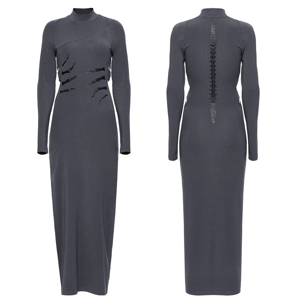 OQ-828LQF Long Sleeve Gothic Punk Dress Skeleton Ribcage Detail Midi - Image 54