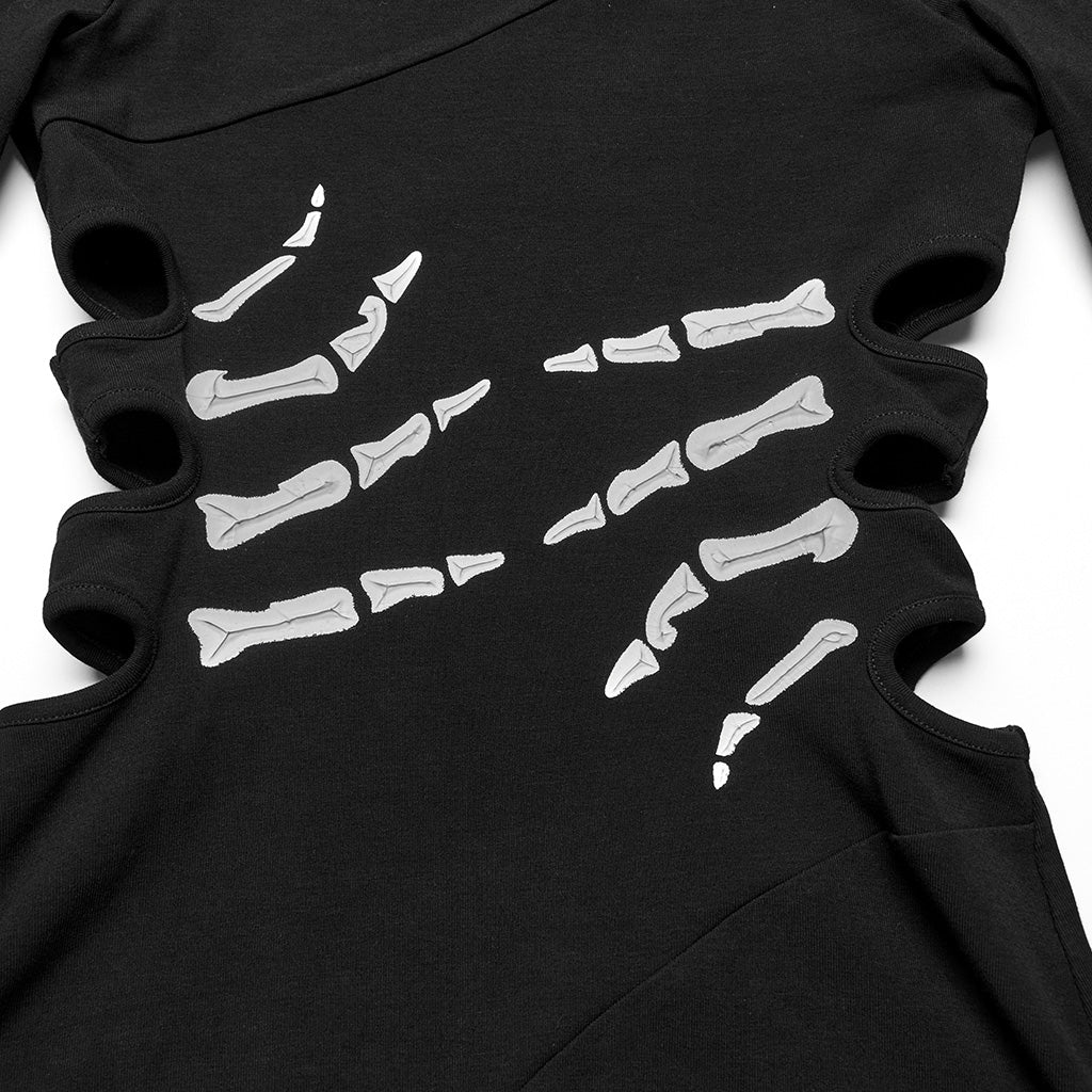 OQ-828LQF Long Sleeve Gothic Punk Dress Skeleton Ribcage Detail Midi - Image 7