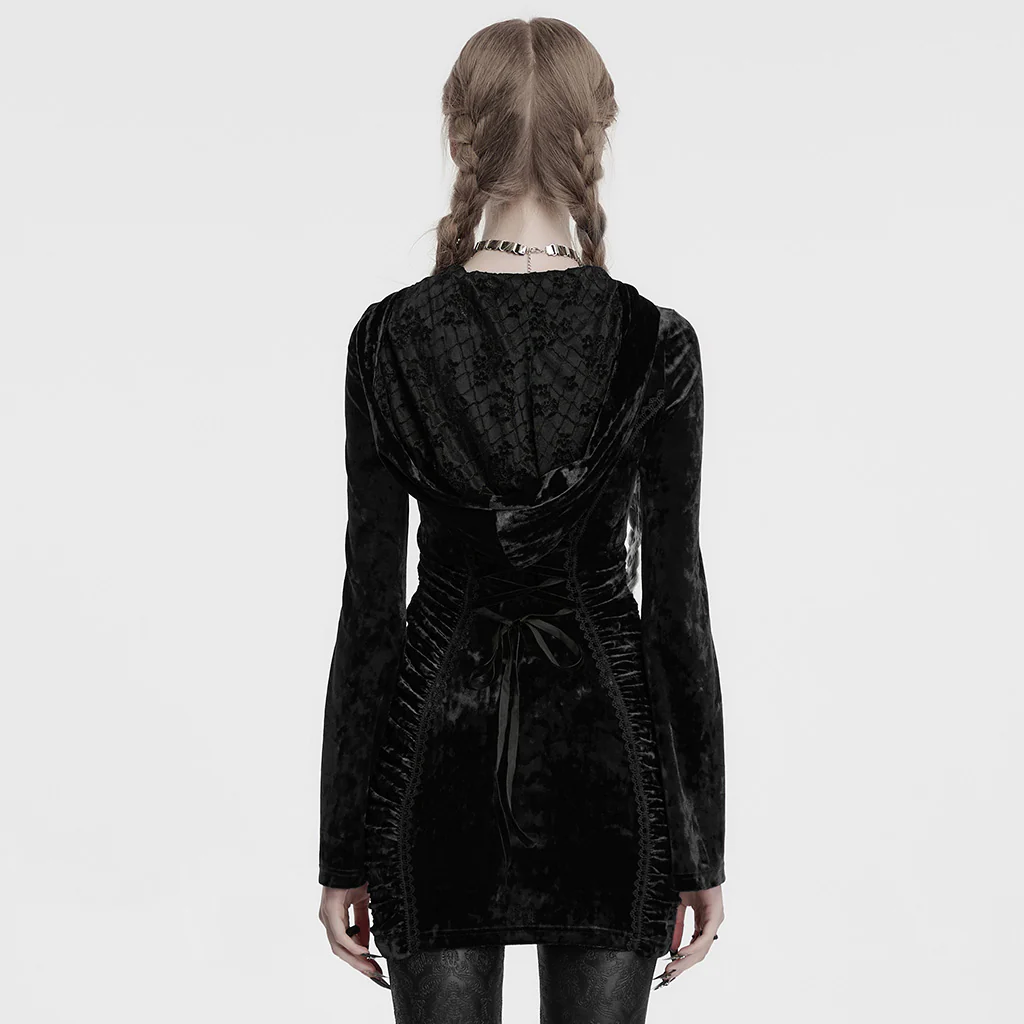 OQ-840LQF Gothic Dress Velvet Crimson Cross Lace Detail Long Sleeve - Image 13