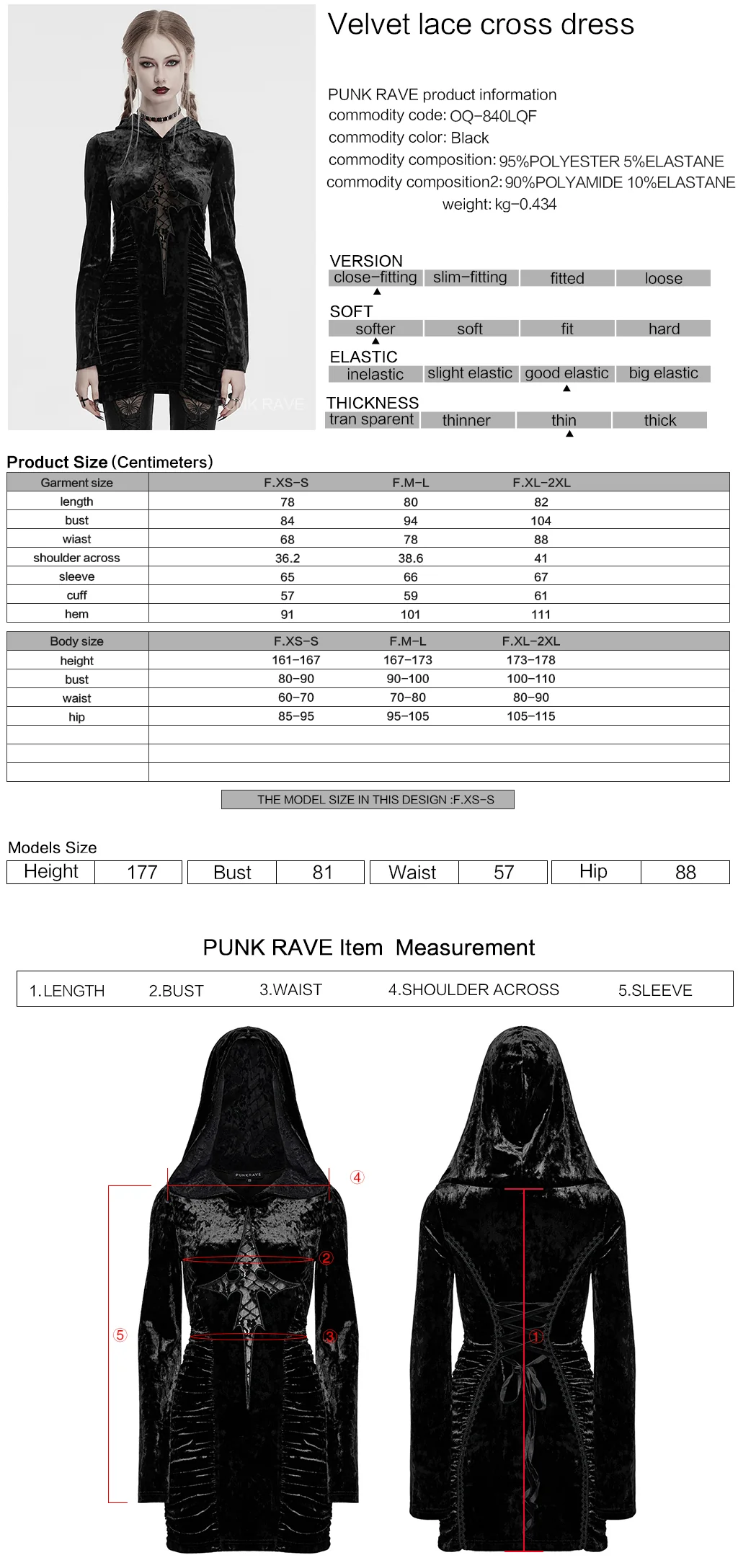 OQ-840LQF Gothic Dress Velvet Crimson Cross Lace Detail Long Sleeve - Image 16