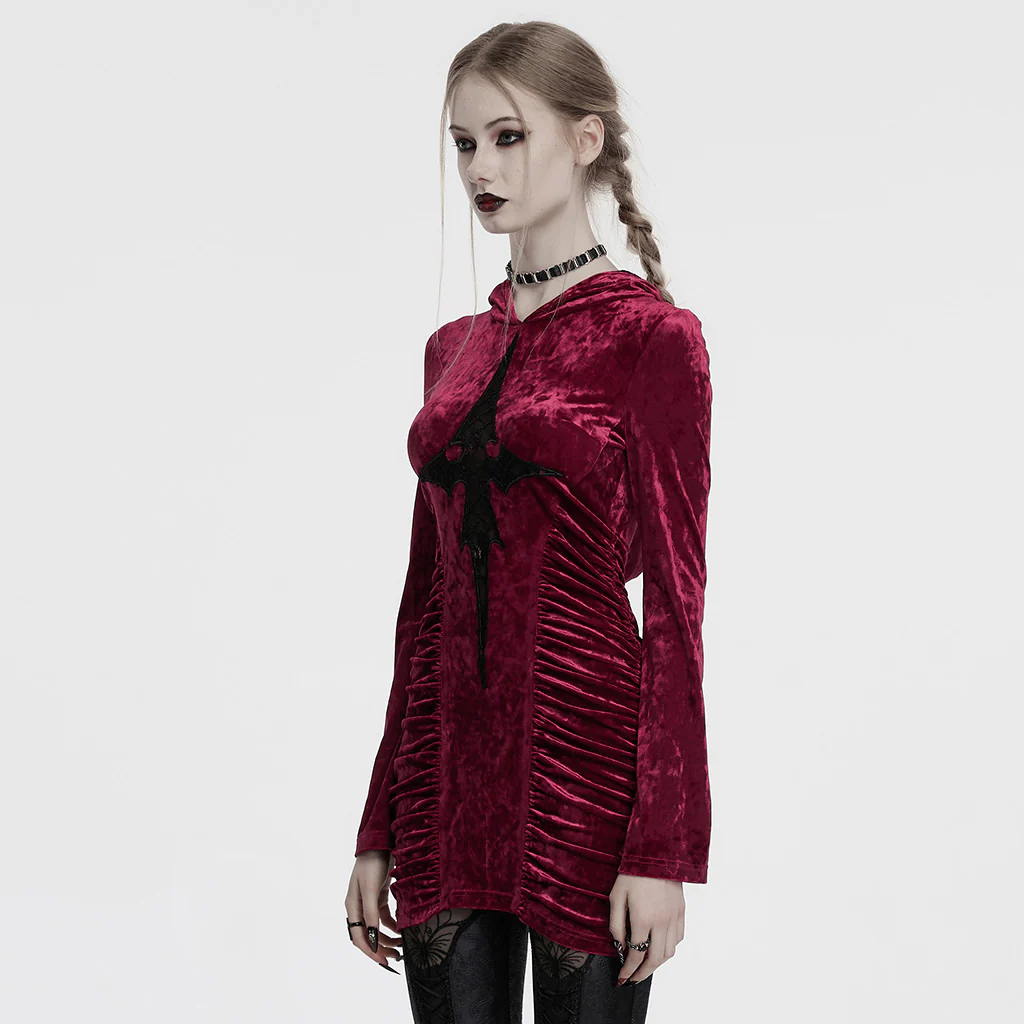 OQ-840LQF Gothic Dress Velvet Crimson Cross Lace Detail Long Sleeve - Image 3