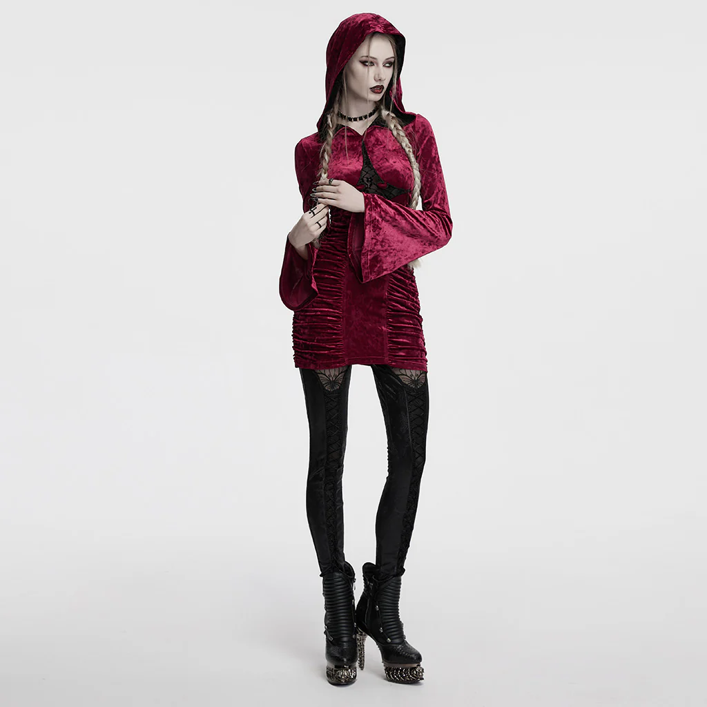 OQ-840LQF Gothic Dress Velvet Crimson Cross Lace Detail Long Sleeve - Image 5