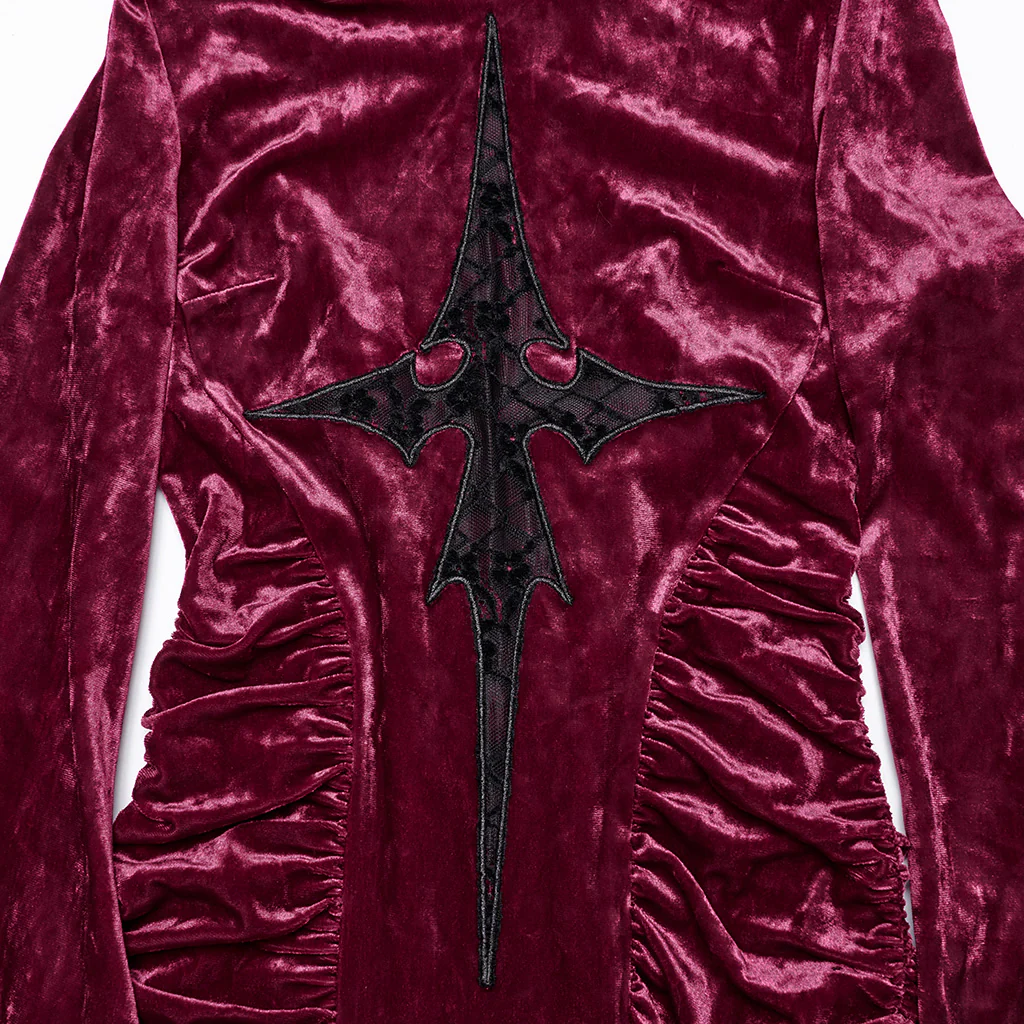 OQ-840LQF Gothic Dress Velvet Crimson Cross Lace Detail Long Sleeve - Image 8