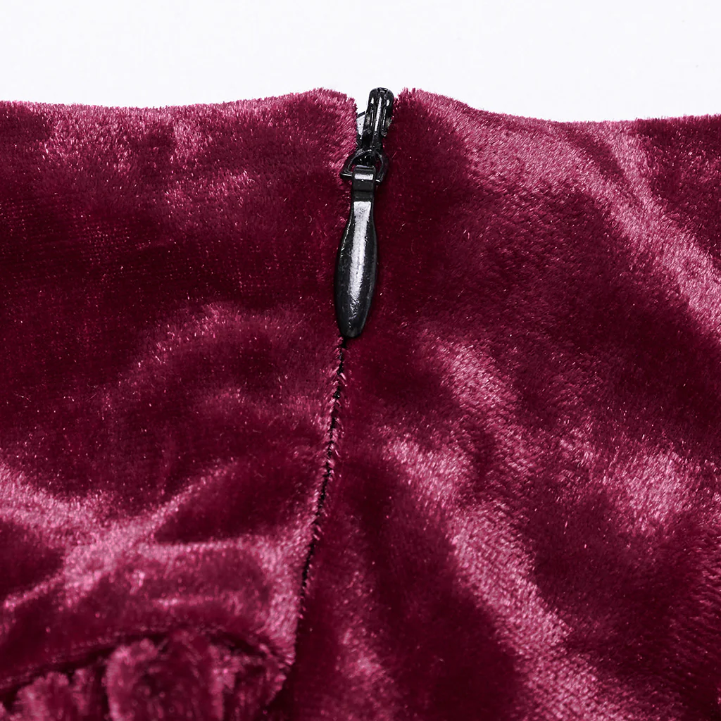 OQ-851BQF Vintage Velvet Lace-Up Gothic Skirt Plunging Maroon Design - Image 10