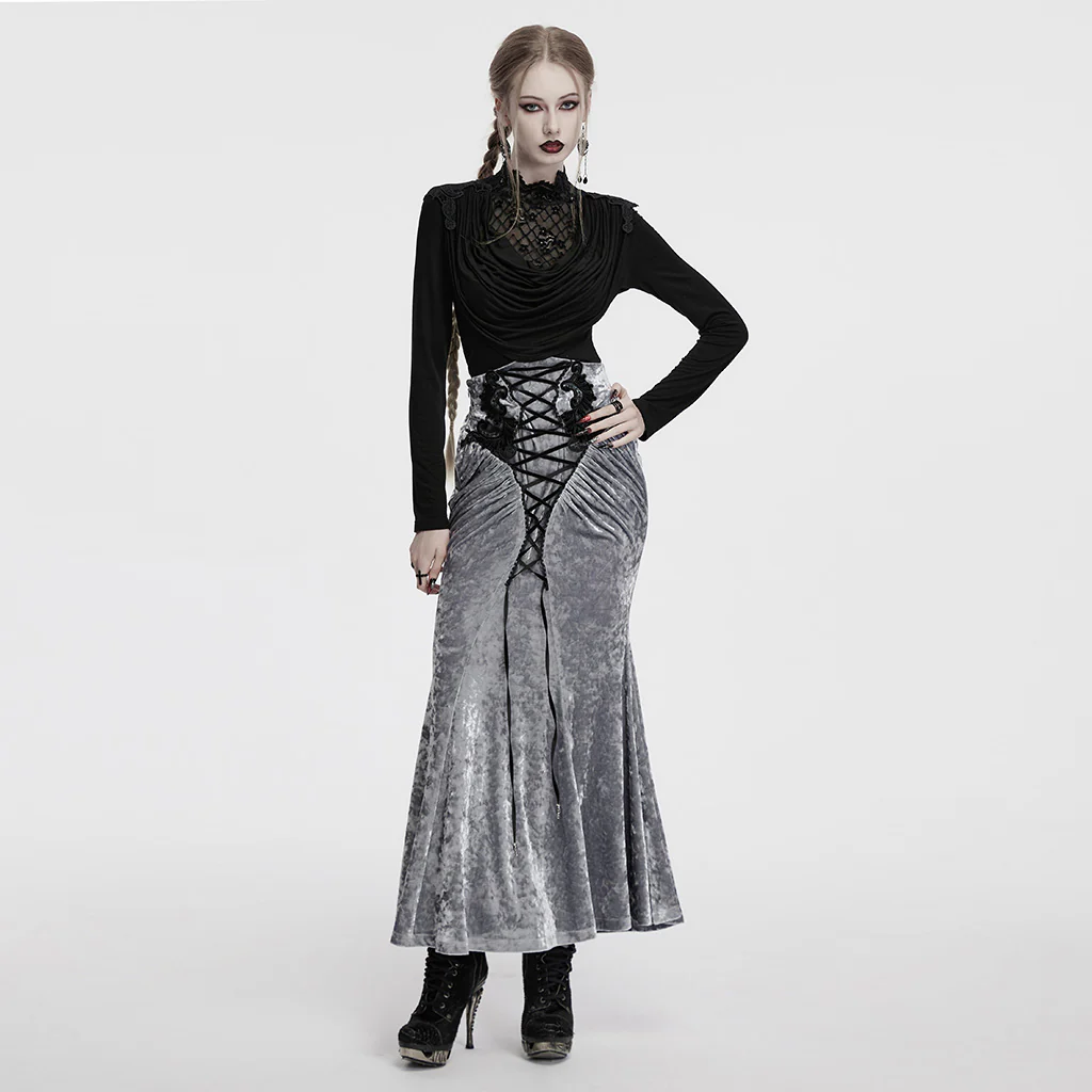 OQ-851BQF Vintage Velvet Lace-Up Gothic Skirt Plunging Maroon Design - Image 22