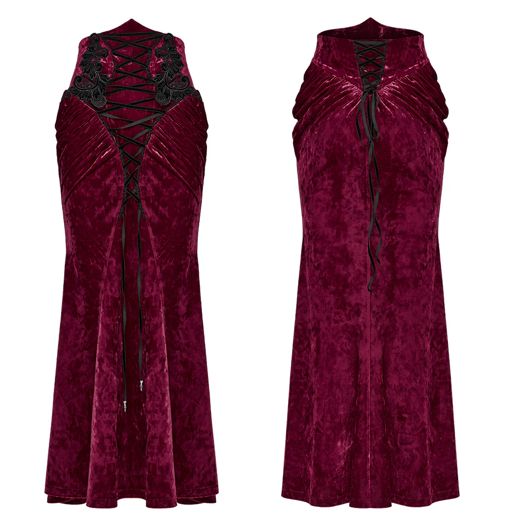 OQ-851BQF Vintage Velvet Lace-Up Gothic Skirt Plunging Maroon Design - Image 6