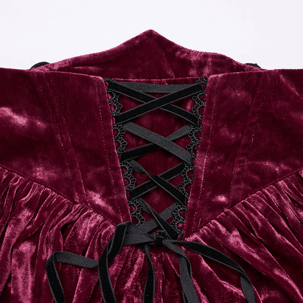 OQ-851BQF Vintage Velvet Lace-Up Gothic Skirt Plunging Maroon Design - Image 8